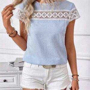 Blue and White Lace Trim Top
